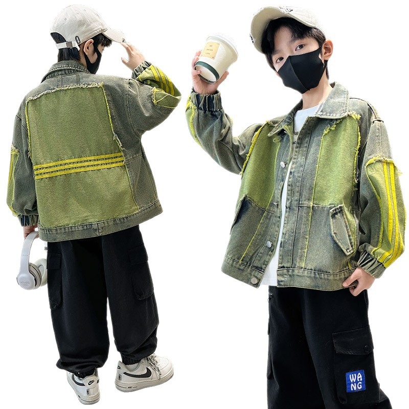 Jachetă din denim pentru băieți, stil coreean, primăvara 2025, închidere cu un singur rând, model cu litere, țesătură denim 60%