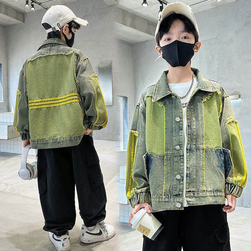 Jachetă din denim pentru băieți, stil coreean, primăvara 2025, închidere cu un singur rând, model cu litere, țesătură denim 60%