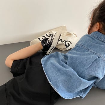 Koreai stílusú gyerekeknek készült denim-ing, kis zsebbel, hosszú ujjú, kerek nyakú, pamut