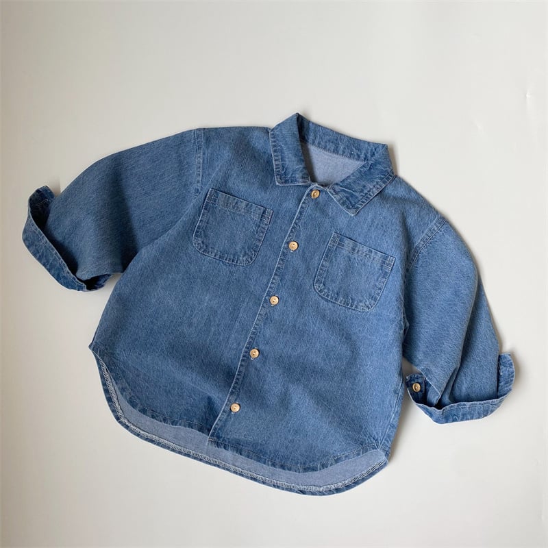 Koreai stílusú gyerekeknek készült denim-ing, kis zsebbel, hosszú ujjú, kerek nyakú, pamut
