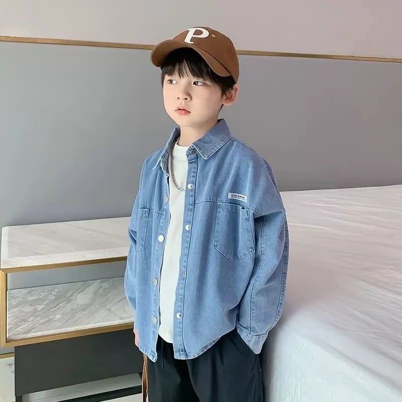 Cămașă denim pentru băieți, mânecă lungă, bumbac 81–90%, stil lejer, primăvară și toamnă