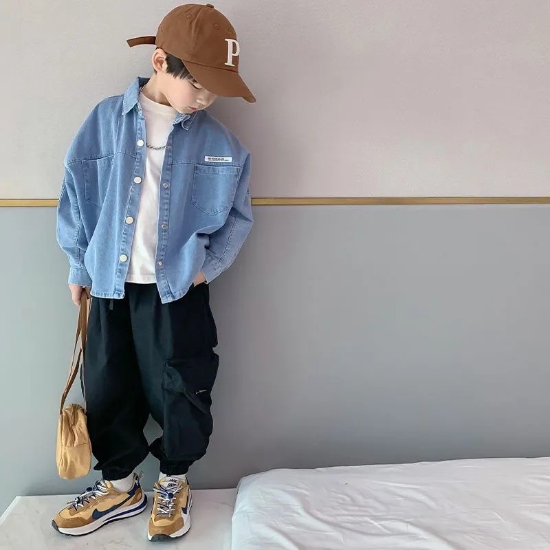 Cămașă denim pentru băieți, mânecă lungă, bumbac 81–90%, stil lejer, primăvară și toamnă