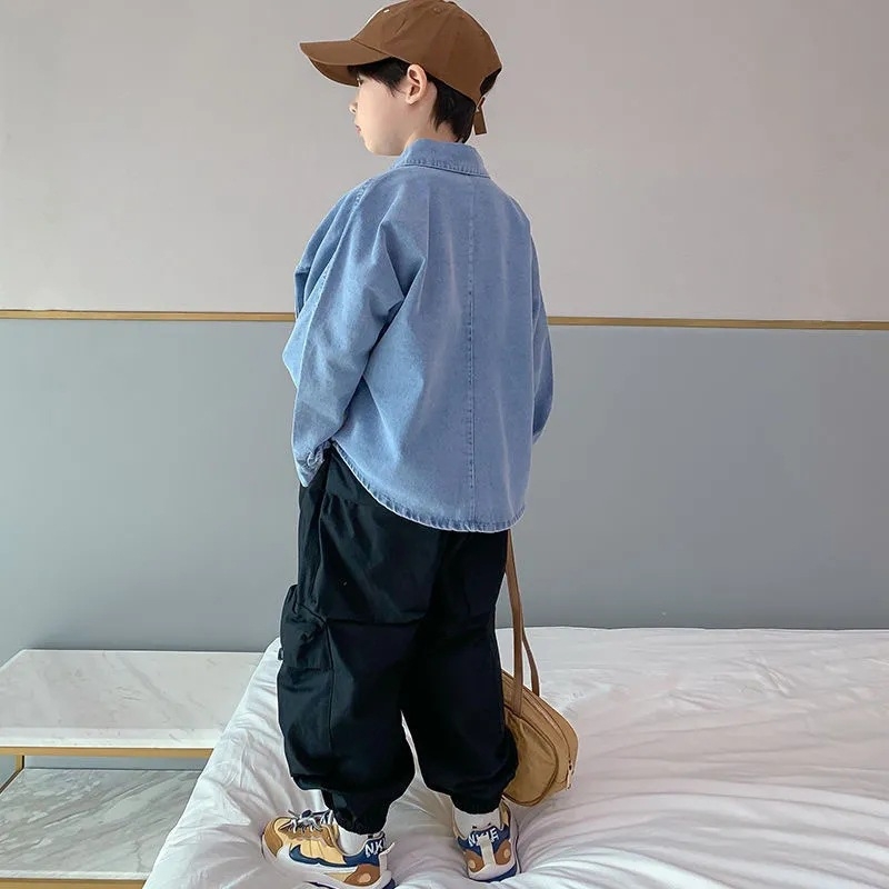 Cămașă denim pentru băieți, mânecă lungă, bumbac 81–90%, stil lejer, primăvară și toamnă