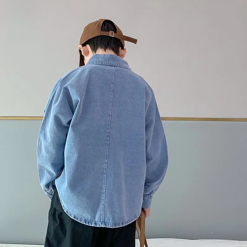 Cămașă denim pentru băieți, mânecă lungă, bumbac 81–90%, stil lejer, primăvară și toamnă
