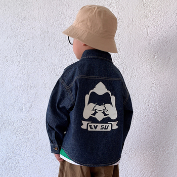 Jachetă-cămașă din denim pentru băieți - 99% bumbac, mâneci lungi, guler rever, culoare solidă, primăvară și toamnă