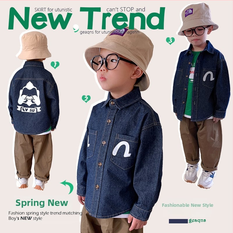 Zēnu džinsa jaka-virs - 99% kokvilna, garas piedurknes, apkakle ar reveru, vienkrāsaina, pavasaris un rudens