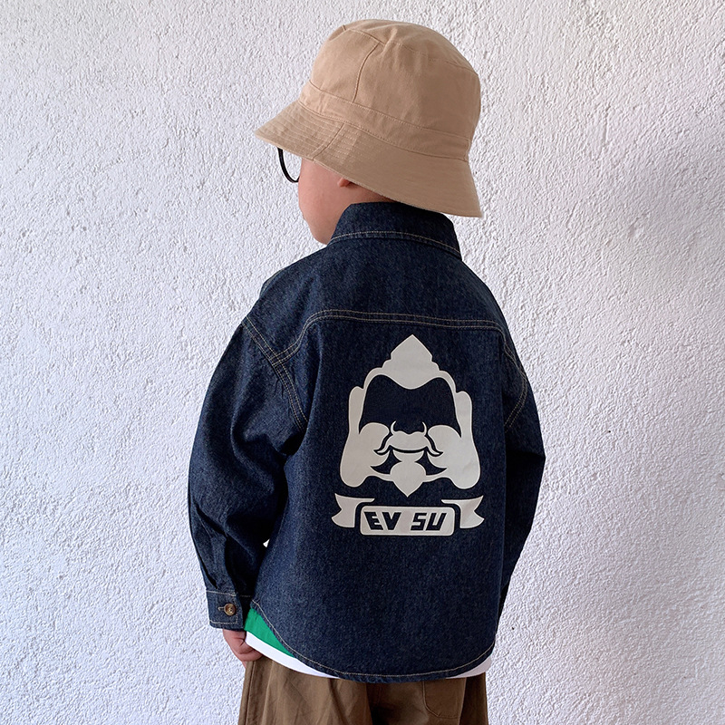 Jachetă-cămașă din denim pentru băieți - 99% bumbac, mâneci lungi, guler rever, culoare solidă, primăvară și toamnă