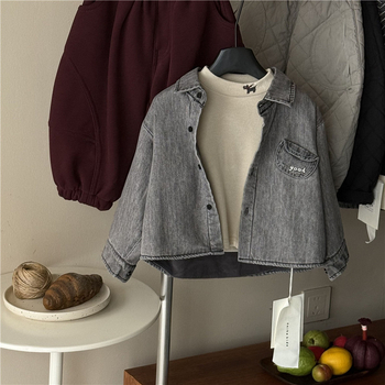 Cămașă din denim pentru copii cu căptușeală de fleece, stil coreean, mâneci lungi, 95% bumbac, pentru 1–3 ani