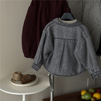 Cămașă din denim pentru copii cu căptușeală de fleece, stil coreean, mâneci lungi, 95% bumbac, pentru 1–3 ani
