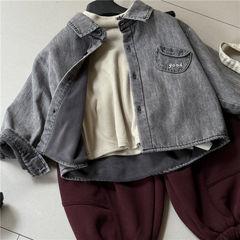 Cămașă din denim pentru copii cu căptușeală de fleece, stil coreean, mâneci lungi, 95% bumbac, pentru 1–3 ani