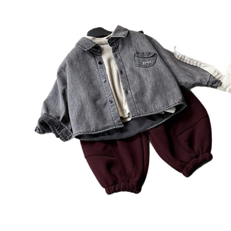 Cămașă din denim pentru copii cu căptușeală de fleece, stil coreean, mâneci lungi, 95% bumbac, pentru 1–3 ani