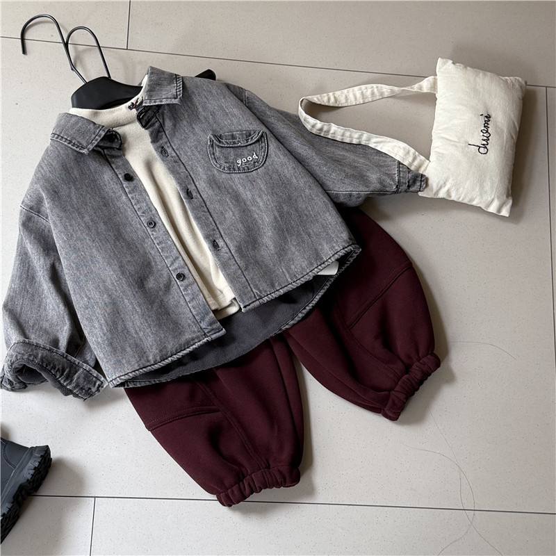 Cămașă din denim pentru copii cu căptușeală de fleece, stil coreean, mâneci lungi, 95% bumbac, pentru 1–3 ani