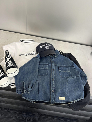 Jachetă-cămașă din denim pentru copii, cu căptușeală de polar, pentru iarnă – guler rever, mâneci lungi, țesătură groasă