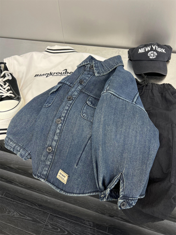 Jachetă-cămașă din denim pentru copii, cu căptușeală de polar, pentru iarnă – guler rever, mâneci lungi, țesătură groasă