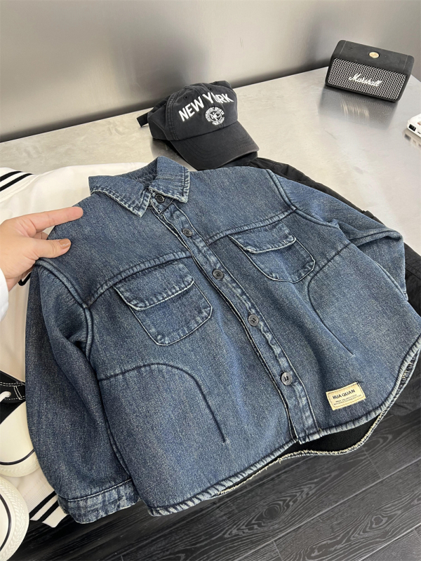 Jachetă-cămașă din denim pentru copii, cu căptușeală de polar, pentru iarnă – guler rever, mâneci lungi, țesătură groasă