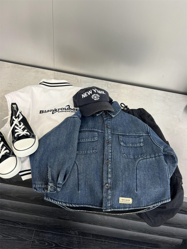 Jachetă-cămașă din denim pentru copii, cu căptușeală de polar, pentru iarnă – guler rever, mâneci lungi, țesătură groasă
