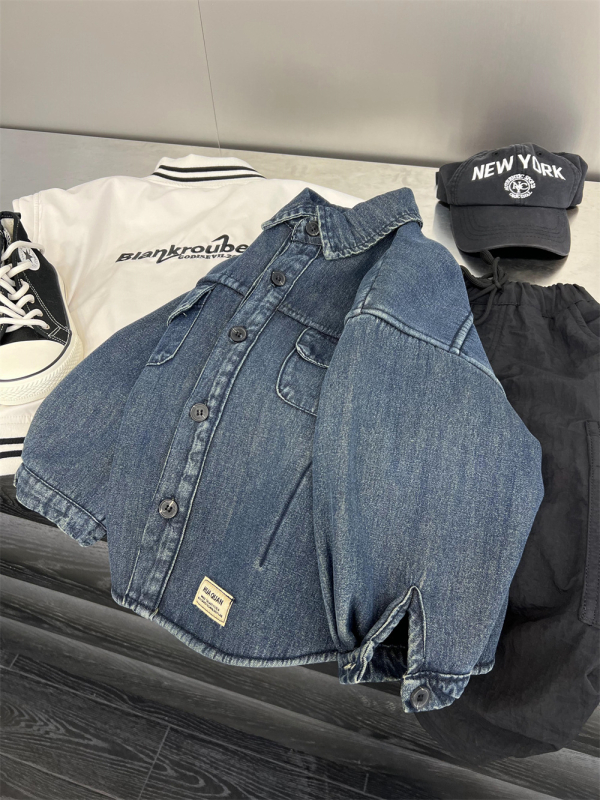 Jachetă-cămașă din denim pentru copii, cu căptușeală de polar, pentru iarnă – guler rever, mâneci lungi, țesătură groasă