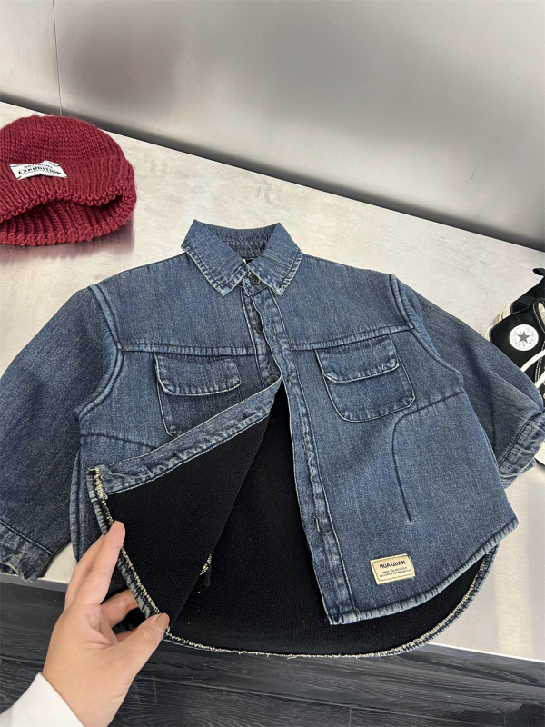Jachetă-cămașă din denim pentru copii, cu căptușeală de polar, pentru iarnă – guler rever, mâneci lungi, țesătură groasă