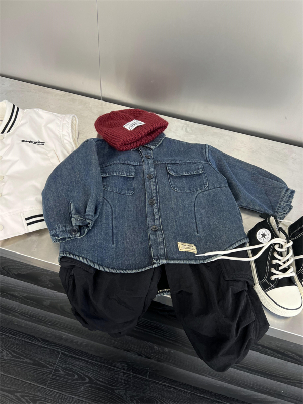 Jachetă-cămașă din denim pentru copii, cu căptușeală de polar, pentru iarnă – guler rever, mâneci lungi, țesătură groasă