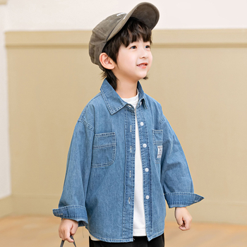 Cămașă din denim din bumbac pentru băieți, mâneci lungi, guler rever, culoare solidă, spălare enzimată, 100% bumbac