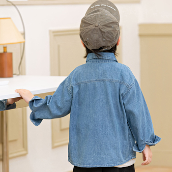 Cămașă din denim din bumbac pentru băieți, mâneci lungi, guler rever, culoare solidă, spălare enzimată, 100% bumbac