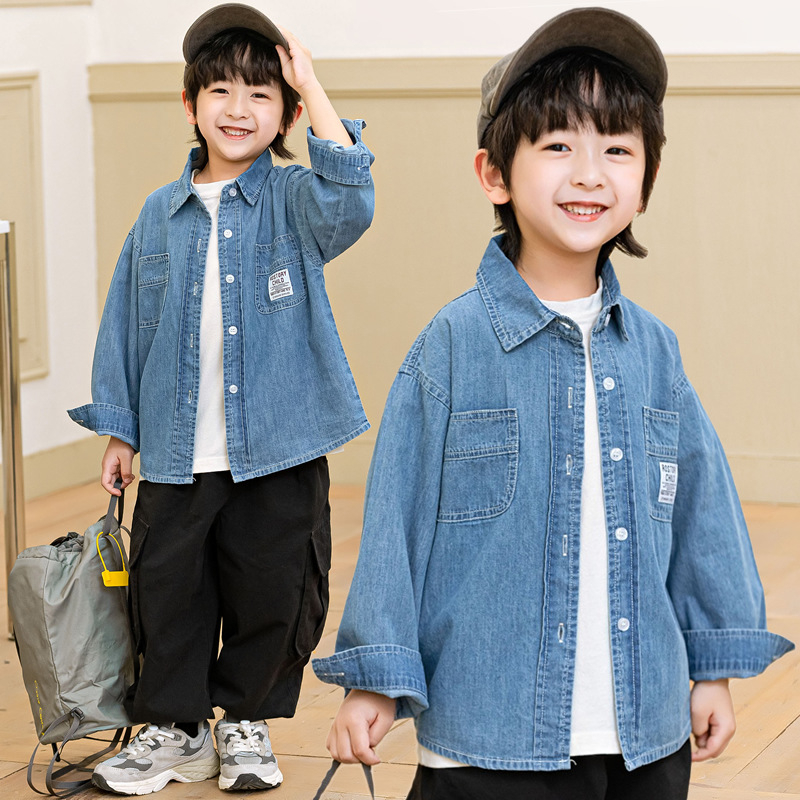 Cămașă din denim din bumbac pentru băieți, mâneci lungi, guler rever, culoare solidă, spălare enzimată, 100% bumbac