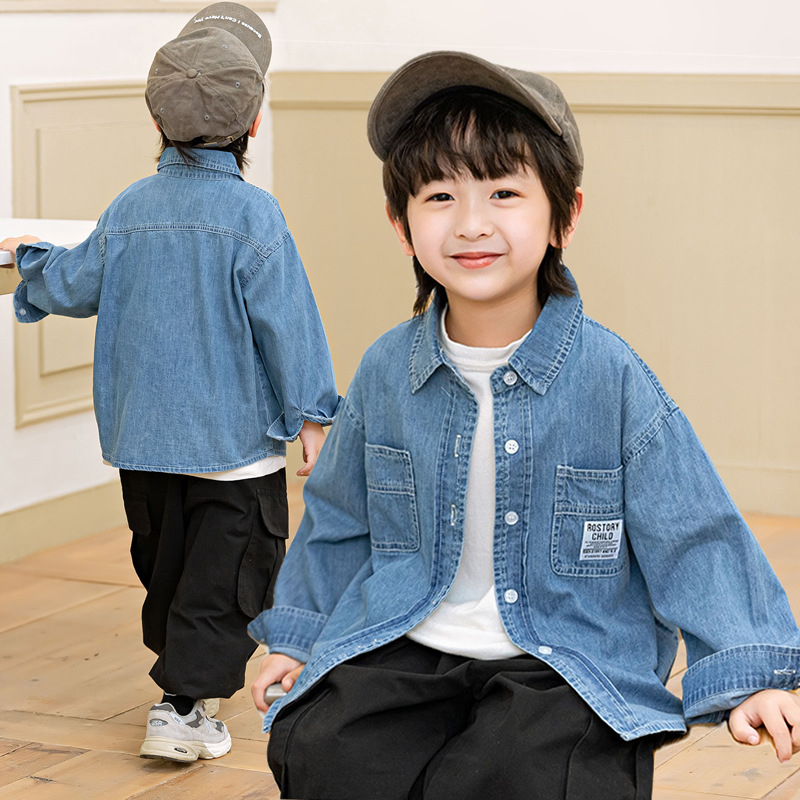 Cămașă din denim din bumbac pentru băieți, mâneci lungi, guler rever, culoare solidă, spălare enzimată, 100% bumbac