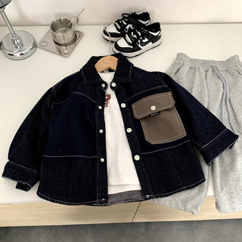Cămașă denim pentru băieți, stil coreean, mâneca lungă, 95% bumbac, nasturi în față