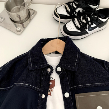 Cămașă denim pentru băieți, stil coreean, mâneca lungă, 95% bumbac, nasturi în față