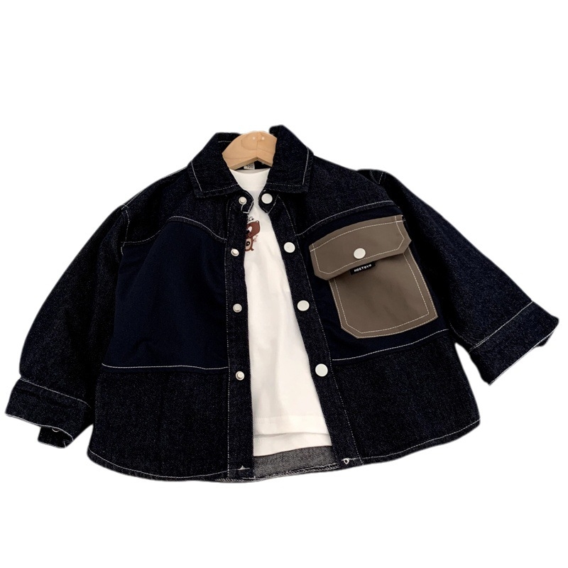 Cămașă denim pentru băieți, stil coreean, mâneca lungă, 95% bumbac, nasturi în față