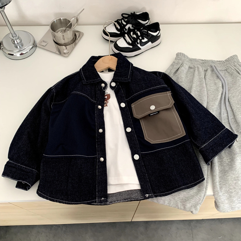 Cămașă denim pentru băieți, stil coreean, mâneca lungă, 95% bumbac, nasturi în față