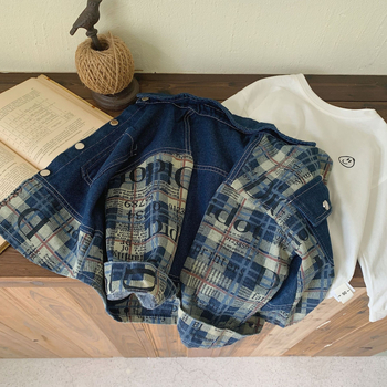 Sacou din denim pentru copii, în stil coreean, imprimeu în carouri, 100% bumbac, închidere cu nasturi, într-un singur rând