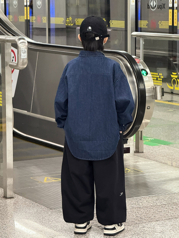 Set pentru băieți: cămașă și geacă din denim, stil coreean, 95% bumbac, finiș moale, culoare solidă, pentru primăvară