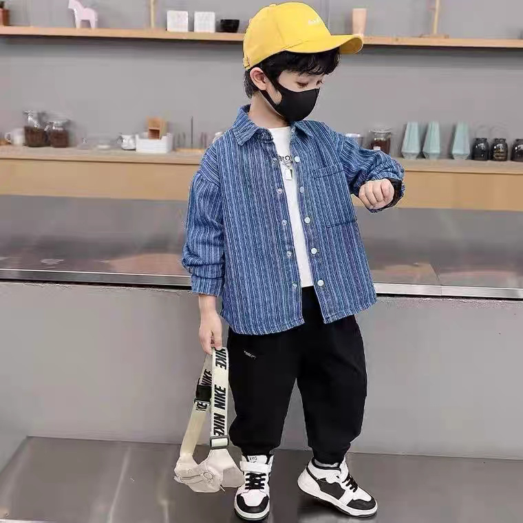 Cămașă denim pentru băieți, stil coreean, mâneci lungi, guler drept pătrat, toamnă 2025, pentru vârsta 3-8 ani