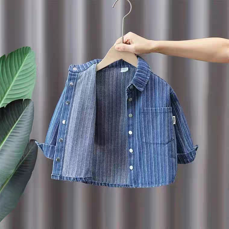 Cămașă denim pentru băieți, stil coreean, mâneci lungi, guler drept pătrat, toamnă 2025, pentru vârsta 3-8 ani