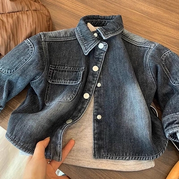 Jachetă din denim pentru copii cu căptușeală groasă din fleece, unisex, stil britanic, 3–8 ani, primăvara 2025