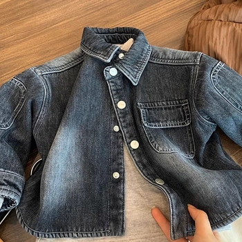 Jachetă din denim pentru copii cu căptușeală groasă din fleece, unisex, stil britanic, 3–8 ani, primăvara 2025
