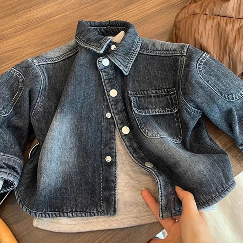 Jachetă din denim pentru copii cu căptușeală groasă din fleece, unisex, stil britanic, 3–8 ani, primăvara 2025