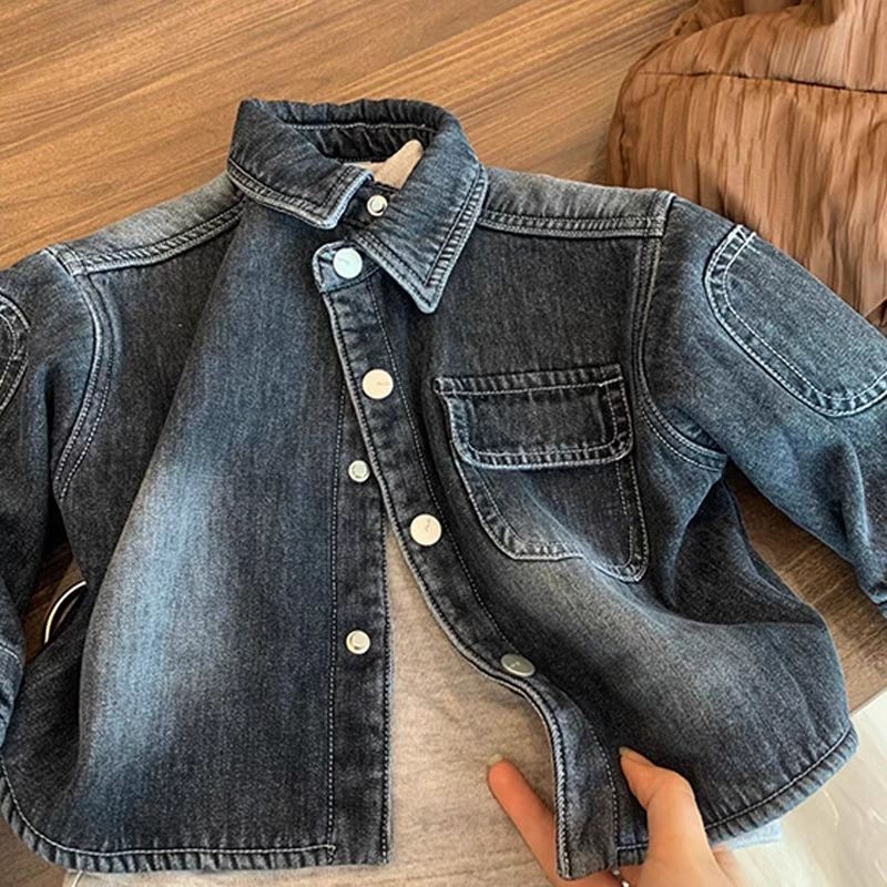 Jachetă din denim pentru copii cu căptușeală groasă din fleece, unisex, stil britanic, 3–8 ani, primăvara 2025