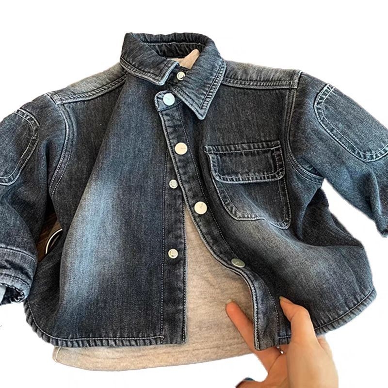 Jachetă din denim pentru copii cu căptușeală groasă din fleece, unisex, stil britanic, 3–8 ani, primăvara 2025