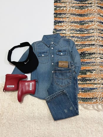 Set denim pentru părinte și copil: cămașă și geacă, nasturi perlați, unisex, 100% bumbac, stil lejer, pentru copii 3–8 ani, toamnă 2025