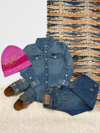 Set denim pentru părinte și copil: cămașă și geacă, nasturi perlați, unisex, 100% bumbac, stil lejer, pentru copii 3–8 ani, toamnă 2025