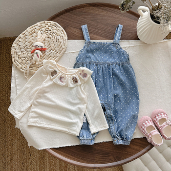 Baba lányoknak: denim overál inggel, hosszú ujjú, ősz, pöttyös minta, két darabos készlet