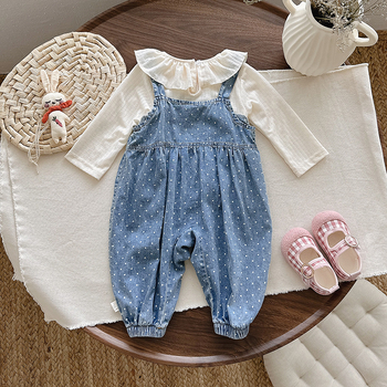 Baba lányoknak: denim overál inggel, hosszú ujjú, ősz, pöttyös minta, két darabos készlet