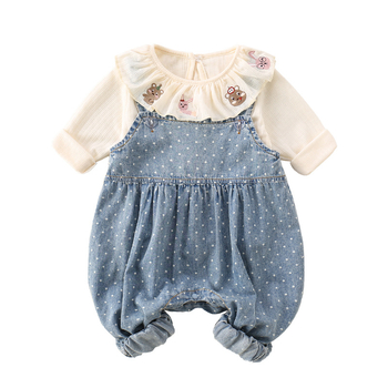 Baba lányoknak: denim overál inggel, hosszú ujjú, ősz, pöttyös minta, két darabos készlet