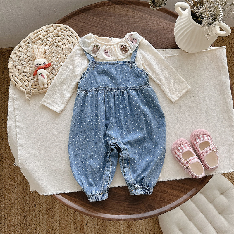 Baba lányoknak: denim overál inggel, hosszú ujjú, ősz, pöttyös minta, két darabos készlet