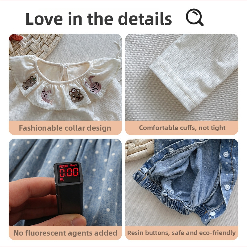 Baba lányoknak: denim overál inggel, hosszú ujjú, ősz, pöttyös minta, két darabos készlet