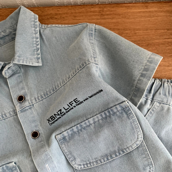 Dječji ljetni denim komplet: košulja s kratkim rukavima i šorc, pamuk 91–95%, mekano pranje enzimom, tanka tkanina