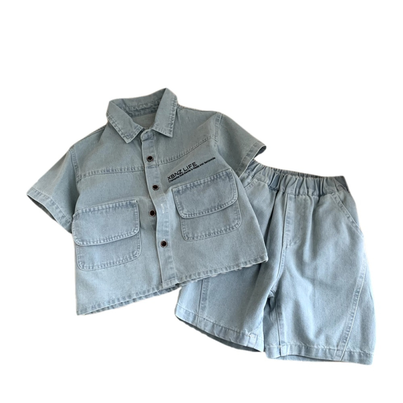 Dječji ljetni denim komplet: košulja s kratkim rukavima i šorc, pamuk 91–95%, mekano pranje enzimom, tanka tkanina