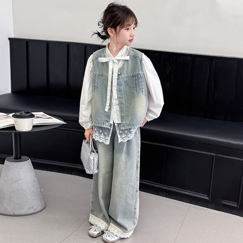 Dječji denim trodjelni komplet: vest, košulja i hlače, dugi rukavi, lagan, mekan tretman materijala, 80% pamuk